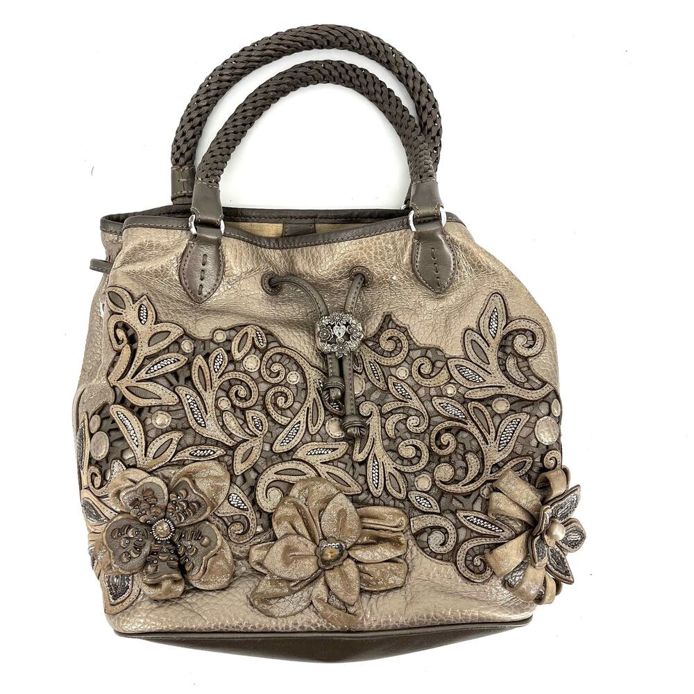 Brighton Masterpiece Leather Pearl Embellished Taupe Shoulder Bag Braided handle
